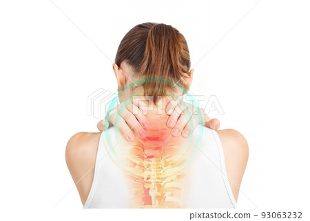 Spine of woman with neck pain. Young woman holding his neck in pain. 93063232