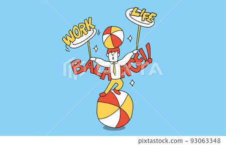 一個商人巧妙地實現工作與生活平衡的插圖，騎著球旋轉盤子 93063348