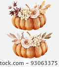 Pumpkin with floral bouquet in watercolor style 93063375