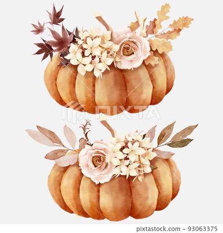 Pumpkin with floral bouquet in watercolor style 93063375