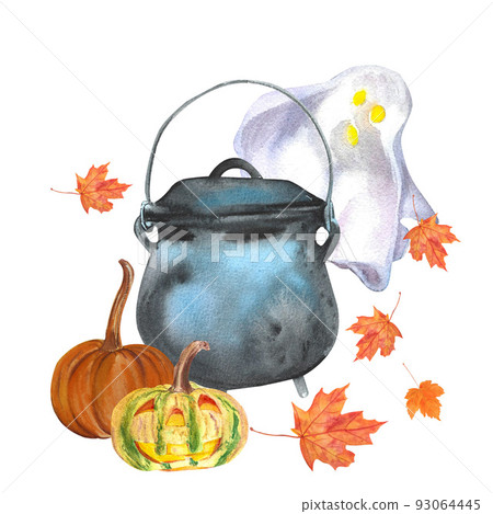 Watercolor illustration of vintage cast iron witchy cauldron, cute little ghost and halloween pumpkin. isolated on white background. Magic hand drawn collection. Perfect for card design, invitation Watercolor illustration of vintage cast iron witchy cauldron, cute little ghost and halloween pumpkin. isolated on white background. Magic hand drawn collection. Perfect for card design, invitation 93064445