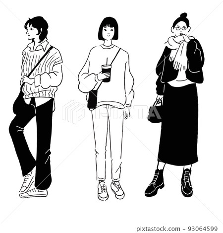 Vector line drawing set of fashionable women Vector line drawing set of fashionable women 93064599