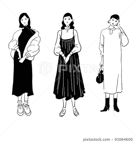 Vector line drawing set of fashionable women - Stock Illustration ...