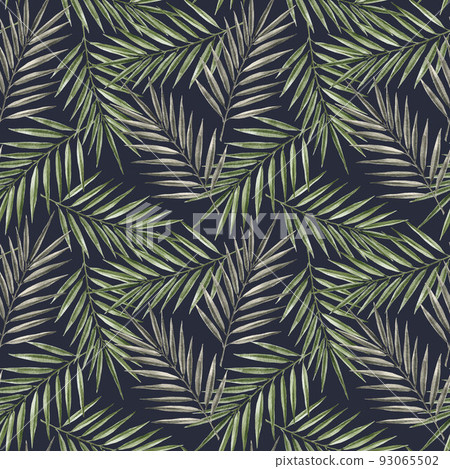 Beautiful tropical seamless pattern with hand drawn watercolor palm tree leaves. Stock illustration. 93065502