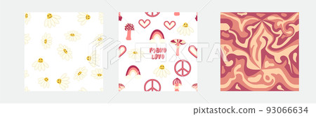 1970s Set of retro seamless pattern. Floral, swirl, mushrooms, peace symbol, camomile, smile. 1970s Set of retro seamless pattern. Floral, swirl, mushrooms, peace symbol, camomile, smile. 93066634