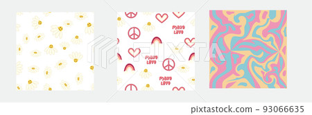 1970s Set of retro seamless pattern. Floral, swirl, mushrooms, peace symbol, camomile, smile. 93066635