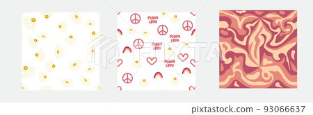 1970s Set of retro seamless pattern. Floral, swirl, mushrooms, peace symbol, camomile, smile. 1970s Set of retro seamless pattern. Floral, swirl, mushrooms, peace symbol, camomile, smile. 93066637