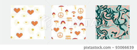 1970s Set of retro seamless pattern. Floral, swirl, mushrooms, peace symbol, camomile, smile. 1970s Set of retro seamless pattern. Floral, swirl, mushrooms, peace symbol, camomile, smile. 93066639