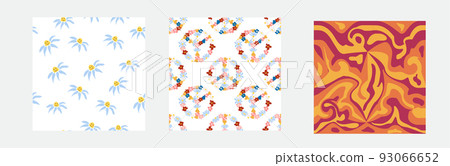 1970s Set of retro seamless pattern. Floral, swirl, mushrooms, peace symbol, camomile, smile. 93066652