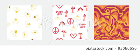 1970s Set of retro seamless pattern. Floral, swirl, mushrooms, peace symbol, camomile, smile. 1970s Set of retro seamless pattern. Floral, swirl, mushrooms, peace symbol, camomile, smile. 93066656