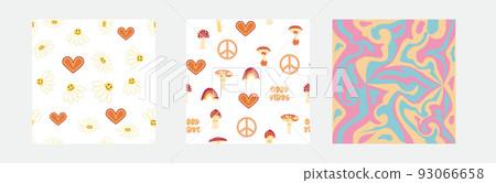 1970s Set of retro seamless pattern. Floral, swirl, mushrooms, peace symbol, camomile, smile. 1970s Set of retro seamless pattern. Floral, swirl, mushrooms, peace symbol, camomile, smile. 93066658