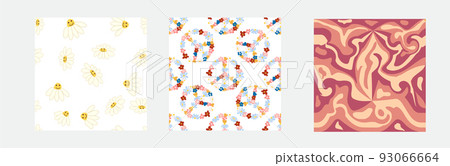 Set of retro 1970s seamless pattern. Floral, swirl, mushrooms, peace symbol, camomile, smile. 93066664