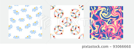 1970s Set of retro seamless pattern. Floral, swirl, mushrooms, peace symbol, camomile, smile. 93066668