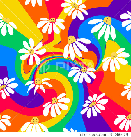 Groovy daisy retro seamless pattern. Retro Smile Chamomile Pattern on 1970 Hippie Aesthetic. 93066679