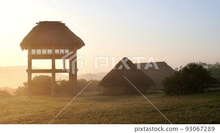 Hara-no-Tsuji Ruins with fantastic watchtowers and pit dwellings in the morning mist Hara-no-Tsuji Ruins with fantastic watchtowers and pit dwellings in the morning mist 93067289
