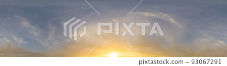 Golden glowing sunset sky panorama with Cirrus clouds. Hdr seamless spherical equirectangular 360 panorama. Sky dome or zenith for 3D visualization and sky replacement for aerial drone 360 panoramas. Golden glowing sunset sky panorama with Cirrus clouds. Hdr seamless spherical equirectangular 360 panorama. Sky dome or zenith for 3D visualization and sky replacement for aerial drone 360 panoramas. 93067291