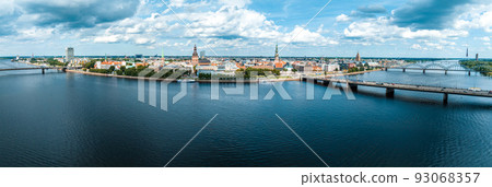 Establishing aerial Bird eye view shot of Riga, Riga skyline, Latvia. Beautiful old town of Riga from above. 93068357