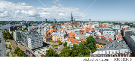 Aerial view of the Riga center in Latvia. Beautiful historical buildings, old town and streets of Riga 93068366
