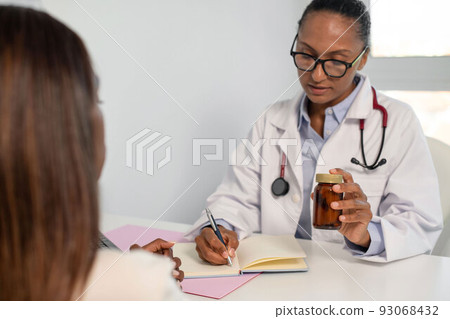 Confident doctor prescribing medicine to female patient Confident doctor prescribing medicine to female patient 93068432