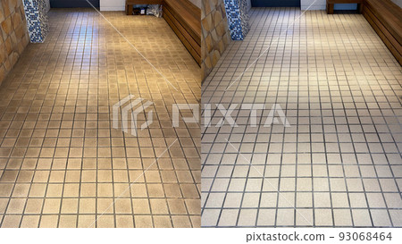 Before and after, cleaning an old beige ceramic floor 93068464