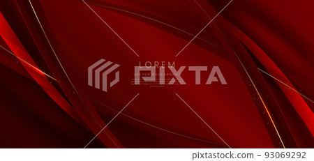 Abstract 3d gold curved red ribbon on red background with lighting effect and sparkle with copy space for text. Luxury design style. 93069292