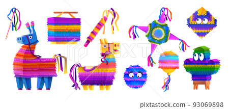 Pinata party icon. Birthday hitting by stick horse, carnival with candy and paper, mexican donkey with bright confetti and ribbons. Birthday party. Striped colorful animals. Vector illustrations set Pinata party icon. Birthday hitting by stick horse, carnival with candy and paper, mexican donkey with bright confetti and ribbons. Birthday party. Striped colorful animals. Vector illustrations set 93069898