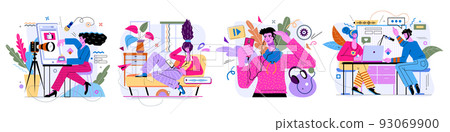 People listen podcast on radio. Audio broadcasting. Mobile phone music application. Person with microphone recording interview in studio. Man and woman using devices and headset. Vector concepts set People listen podcast on radio. Audio broadcasting. Mobile phone music application. Person with microphone recording interview in studio. Man and woman using devices and headset. Vector concepts set 93069900