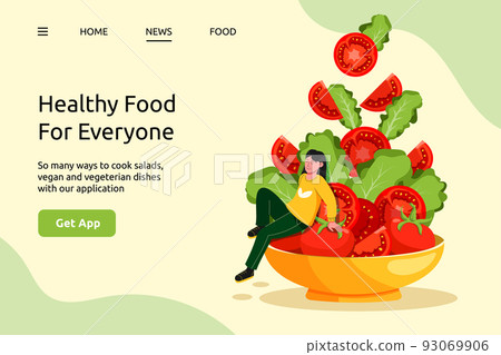 Nutrition diet. Landing page. Vegetarian healthy food. Website interface design. Vegan eat salad. Woman and bowl with organic vegetable. Cooking recipes. Lettuce and tomato. Vector banner background Nutrition diet. Landing page. Vegetarian healthy food. Website interface design. Vegan eat salad. Woman and bowl with organic vegetable. Cooking recipes. Lettuce and tomato. Vector banner background 93069906