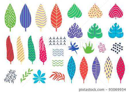 Tropic leaf. Abstract palm elements set. Geometric summer leaves. Tribal floral design. Isolated trendy botanical art. Colorful patterned foliage shapes. Exotic flora. Vector modern minimal texture Tropic leaf. Abstract palm elements set. Geometric summer leaves. Tribal floral design. Isolated trendy botanical art. Colorful patterned foliage shapes. Exotic flora. Vector modern minimal texture 93069934