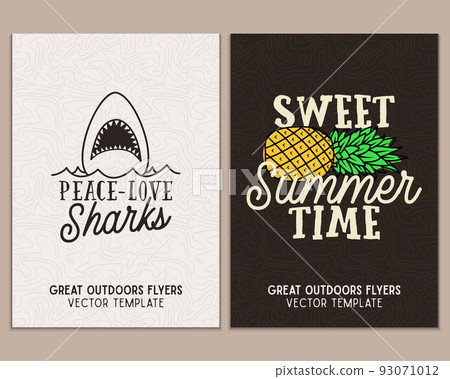 Camping flyer templates. Travel adventure posters set with line art and flat emblems and quotes - peace love sharks. Summer A4 cards for outdoor parties. Stock vector 93071012