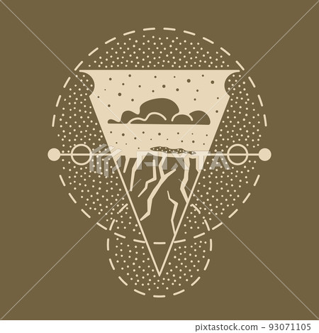 Camping adventure badge design. Outdoor crest logo with mountains and volcano. Travel silhouette label isolated on dark. Stock vector tattoo graphics emblem 93071105