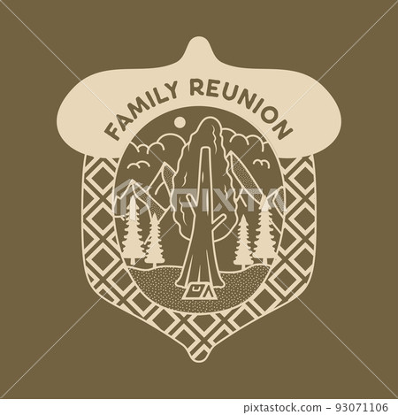 Camping adventure badge design. Outdoor crest logo with mountains and tent inside the acorn. Travel silhouette label isolated on dark. Stock vector tattoo graphics emblem 93071106