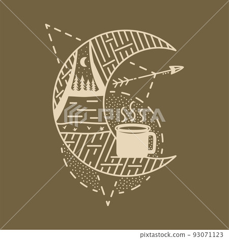Camping adventure badge design. Outdoor crest logo with enamel mug and tent. Travel silhouette label isolated on dark. Stock vector tattoo graphics emblem 93071123
