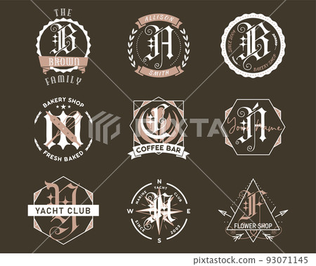 Monogram logo designs set. Classic monograms with different phrases and texts. Stylish badges for web and print. Stock vector labels isolated on dark background Monogram logo designs set. Classic monograms with different phrases and texts. Stylish badges for web and print. Stock vector labels isolated on dark background 93071145