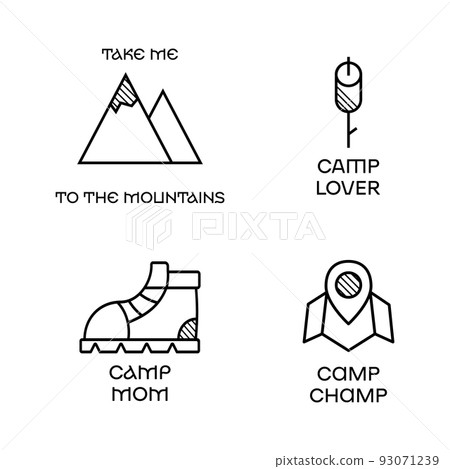 Camping Logo Icon Design in minimalist Line Art Style with Quote - Take me to the Mountains. Travel linear Emblem. Hiking Silhouette Label. Stock vector Badges Set 93071239