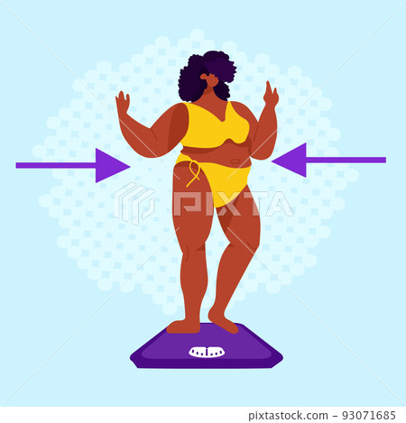 fat obese woman measuring her waistline overweight african american girl posing on camera weight loss concept 93071685