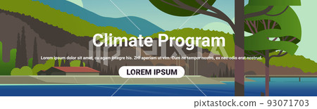 little house beside the lake in forest climate program concept horizontal copy space 93071703