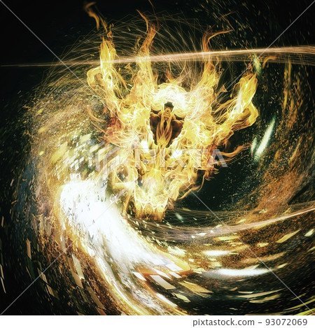 Illustration of a fire dragon swirling in the dark 93072069