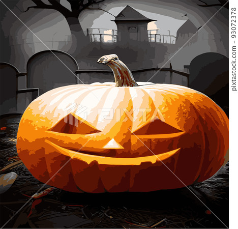 Halloween pumpkin with a scary face, evil pumpkins in a gloomy dark style for halloween on the background of a cemetery and a forest. Autumn holidays. Vector illustration EPS10, pumpkin background 93072378