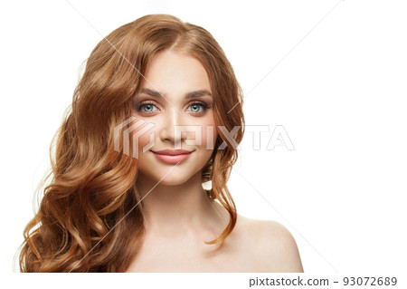 Healthy redhead woman with long wavy hair isolated on white background 93072689
