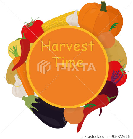 Harvest time vegetables collection behind the circle frame with copy space vector illustration 93072696