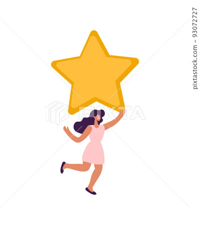 Happy and satisfied vector customer flat woman people is holding review star over her head. Five stars rating. Customer review rating and client feedback concept. Modern illustration 93072727