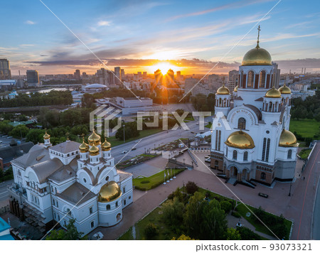 Summer Yekaterinburg, Temple on Blood and Church of St Nicholas in sunset. Aerial view of Yekaterinburg, Russia. Translation of text on the temple Summer Yekaterinburg, Temple on Blood and Church of St Nicholas in sunset. Aerial view of Yekaterinburg, Russia. Translation of text on the temple 93073321