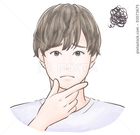 A man with a mush hairstyle who worries with his hand on his chin Watercolor style A man with a mush hairstyle who worries with his hand on his chin Watercolor style 93073675