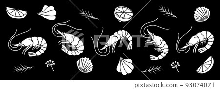 Shrimp prawn with lemon slices and rosemary. Seafood dish with herbs seasoning. Shrimp horizontal banner for meal menu. Fresh seafood illustration 93074071