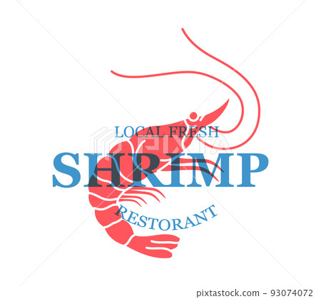 Shrimp vintage emblem template. Local fresh seafood restaurant. Shrimp prawn hand drawn illustration. Seafood typography logotype. 93074072