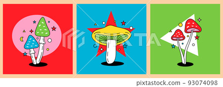 Set of mushroom silhouette. Different posters with exotic mushrooms. Psychedelic mushrooms illustration. Mushroom prints for t-shirts or stickers. Set of mushroom silhouette. Different posters with exotic mushrooms. Psychedelic mushrooms illustration. Mushroom prints for t-shirts or stickers. 93074098