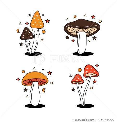 Magic mushroom set. Different colored mushroom symbols. Psychedelic mushrooms sketch illustration. Mushrooms in hippie 70s retro style. Magic mushroom set. Different colored mushroom symbols. Psychedelic mushrooms sketch illustration. Mushrooms in hippie 70s retro style. 93074099