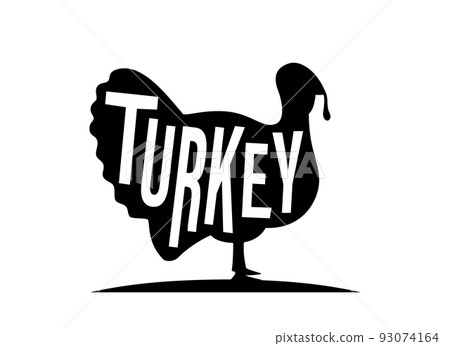 Turkey black silhouette with lettering. Turkey symbol. Gobbler bird silhouette. Farm bird icon isolated on white background. 93074164