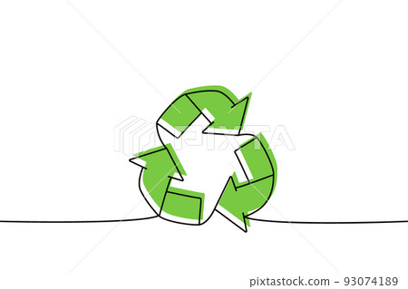 Recycle one line colored continuous drawing. Recycling waste, Ecology continuous one line colorful illustration. Vector minimalist linear illustration 93074189
